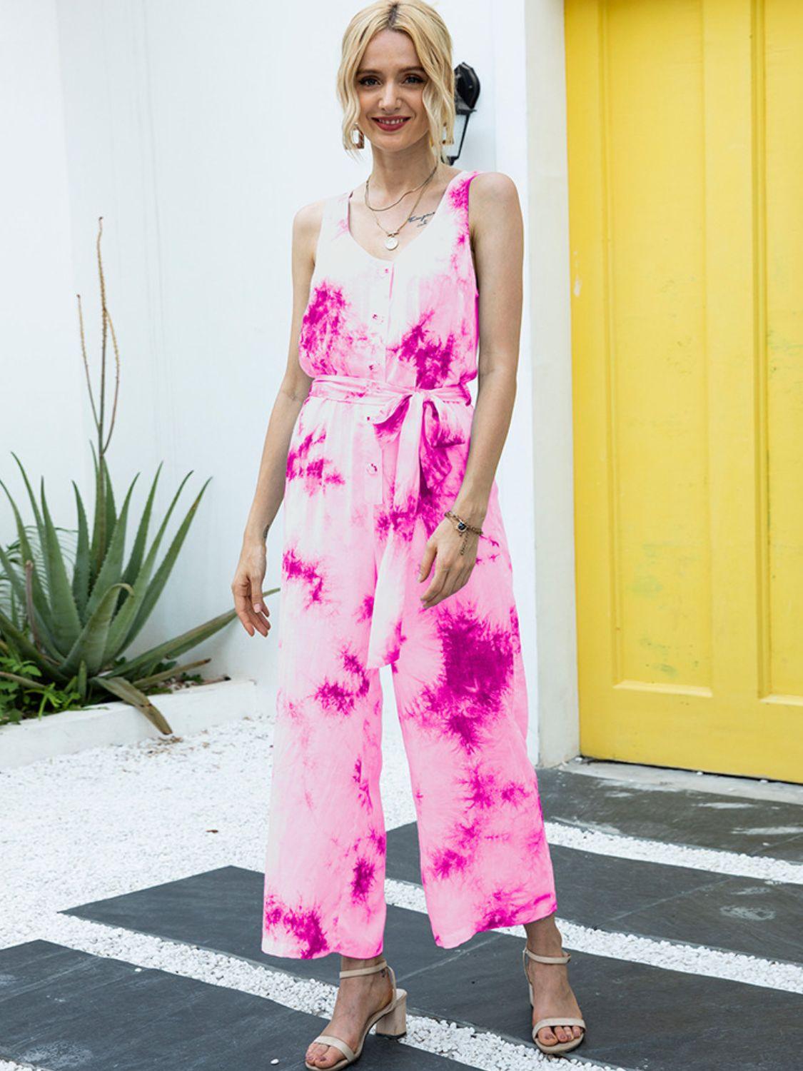 Tie-Dye Tie Waist Sleeveless Jumpsuit Carauana Store