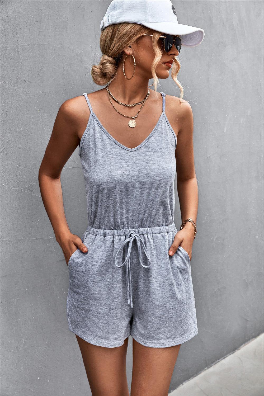 Spaghetti Strap V-Neck Pocket Romper Carauana Store