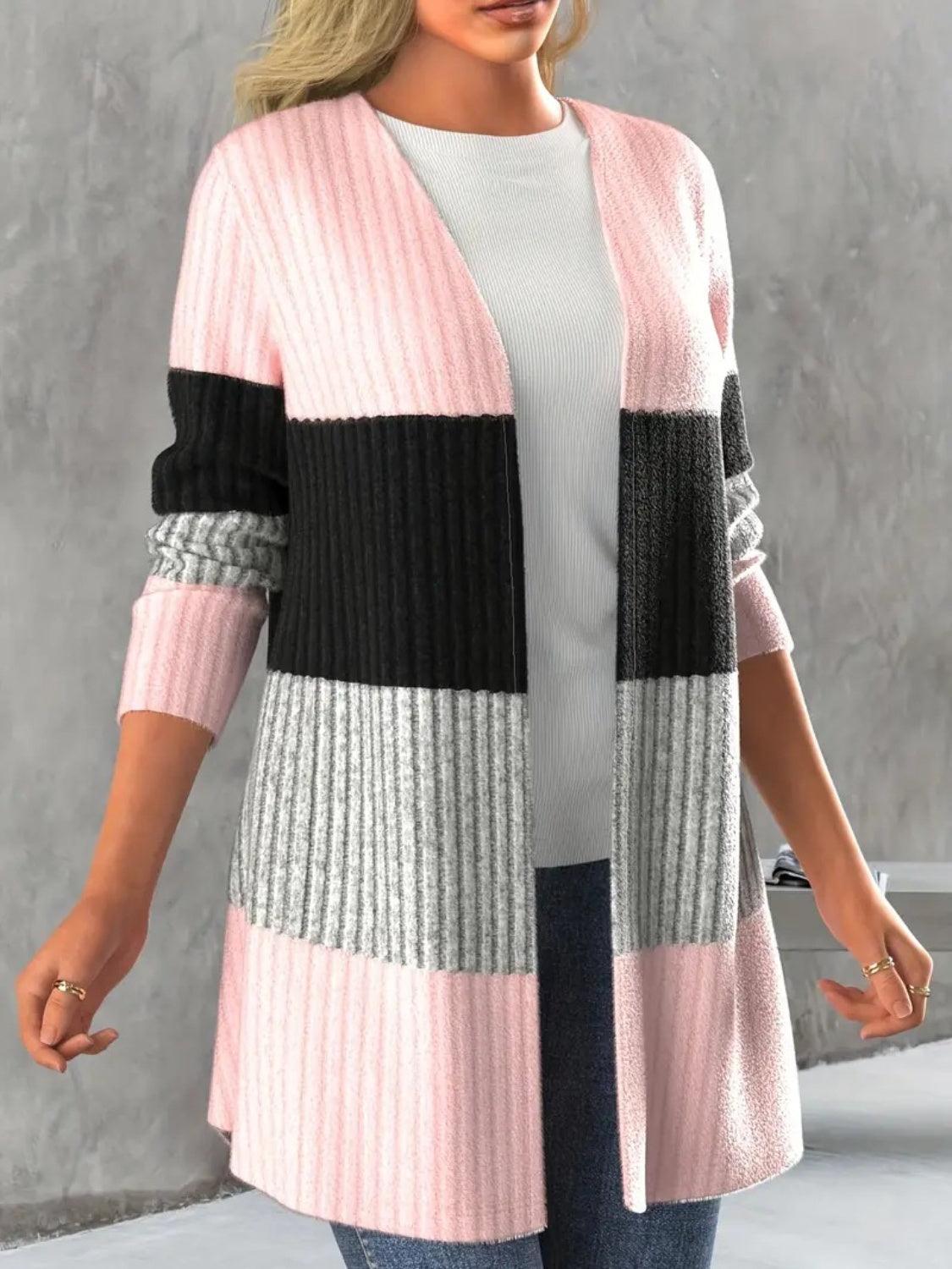 Color Block Open Front Long Sleeve Cardigan Carauana Store