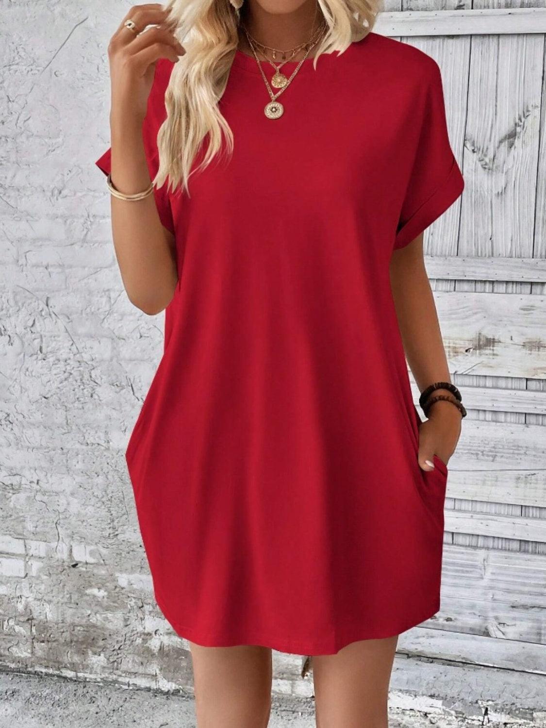 Pocketed Round Neck Short Sleeve Dress Carauana Store