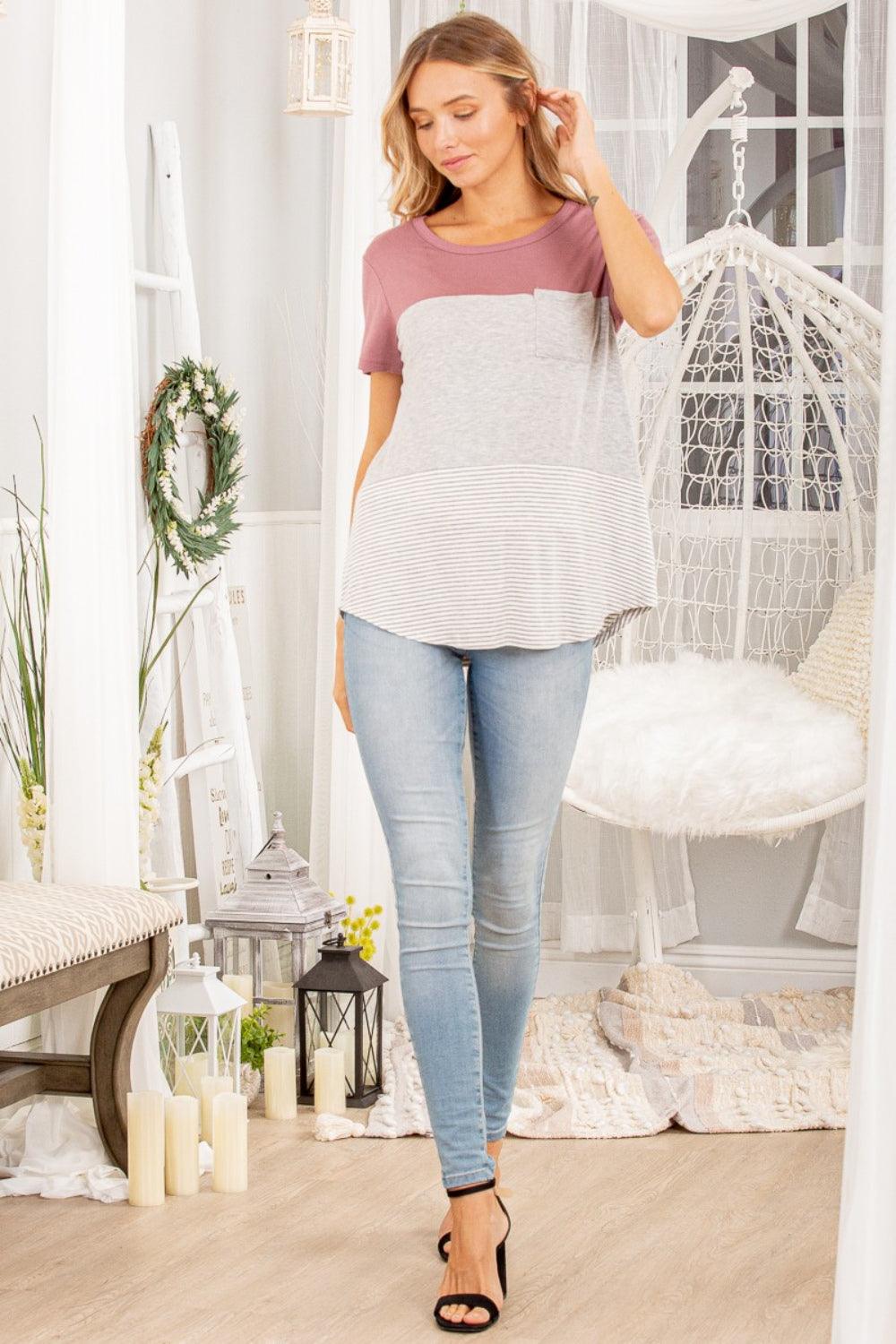 Heimish Color Block Striped Round Neck Short Sleeve T-Shirt Carauana Store