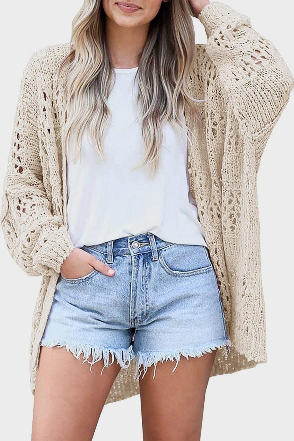 Openwork Open Front Long Sleeve Cardigan Carauana Store