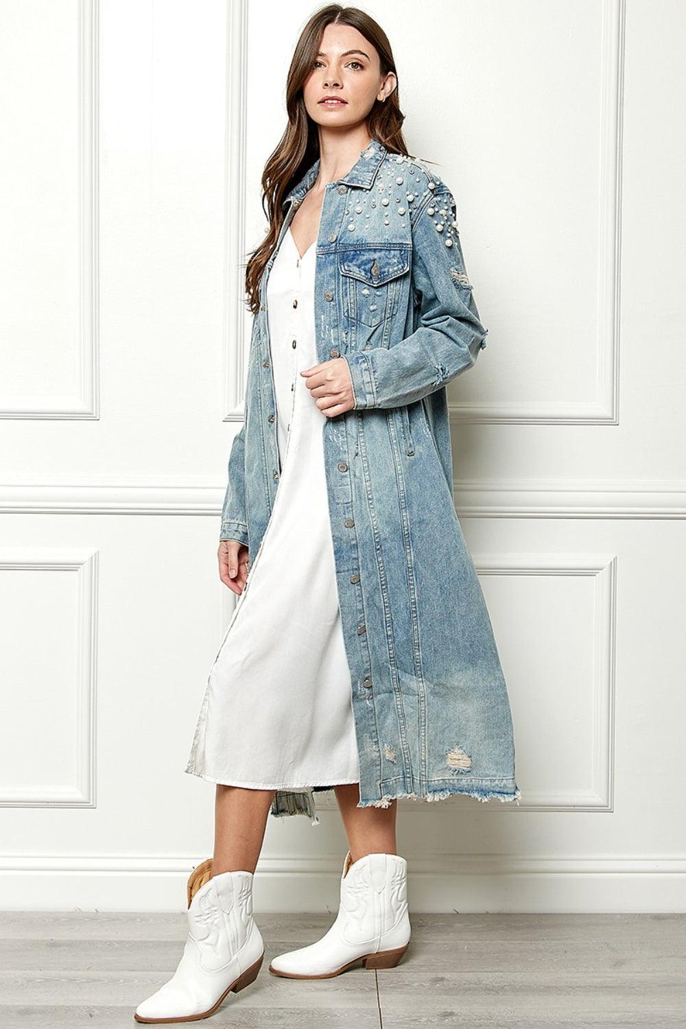 Veveret Full Size Distressed Raw Hem Pearl Detail Button Up Jacket Carauana Store