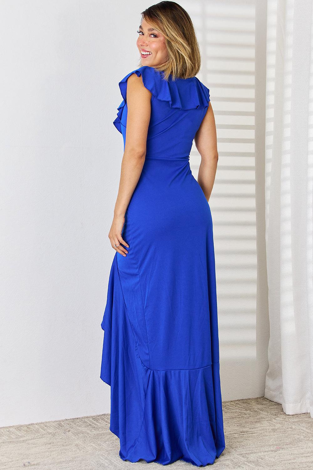 Ruffled V-Neck High-Low Dress Carauana Store