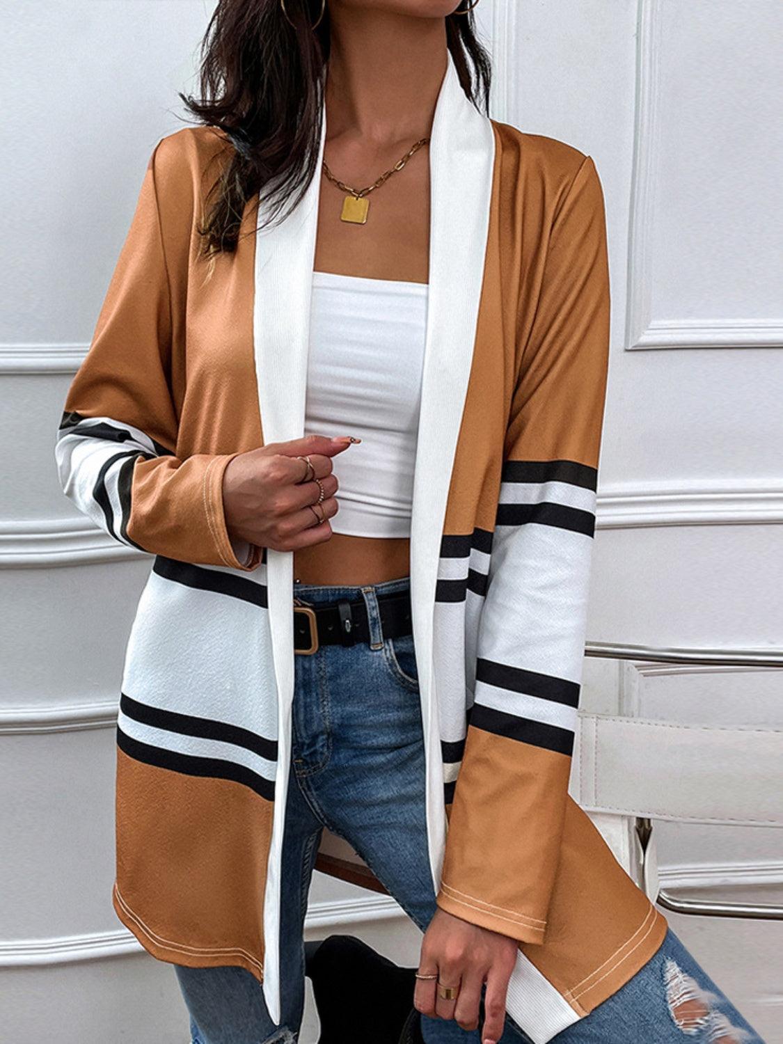 Shiny Color Block Open Front Cardigan Carauana Store
