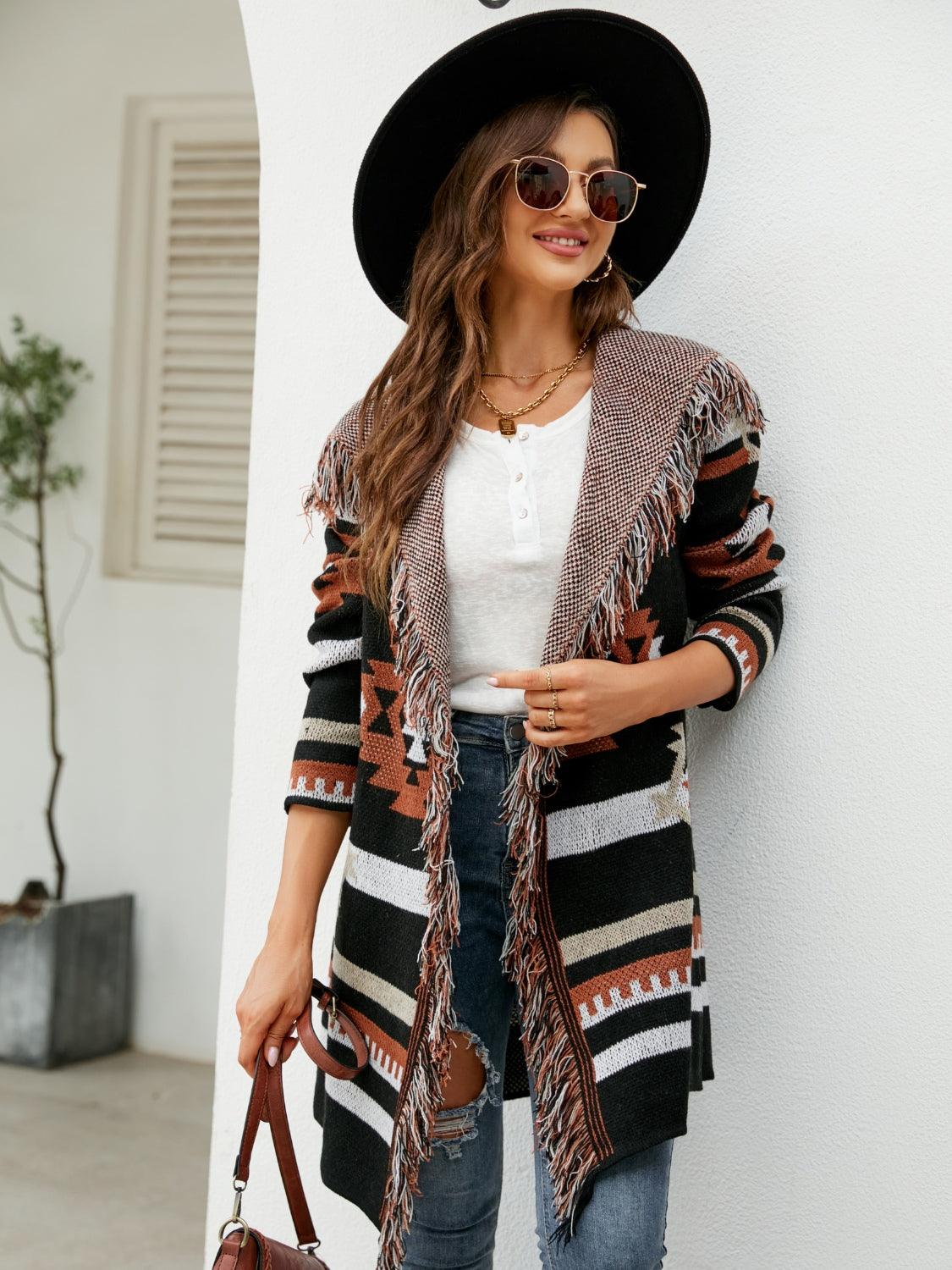 Fringe Geometric Hooded Long Sleeve Cardigan Carauana Store