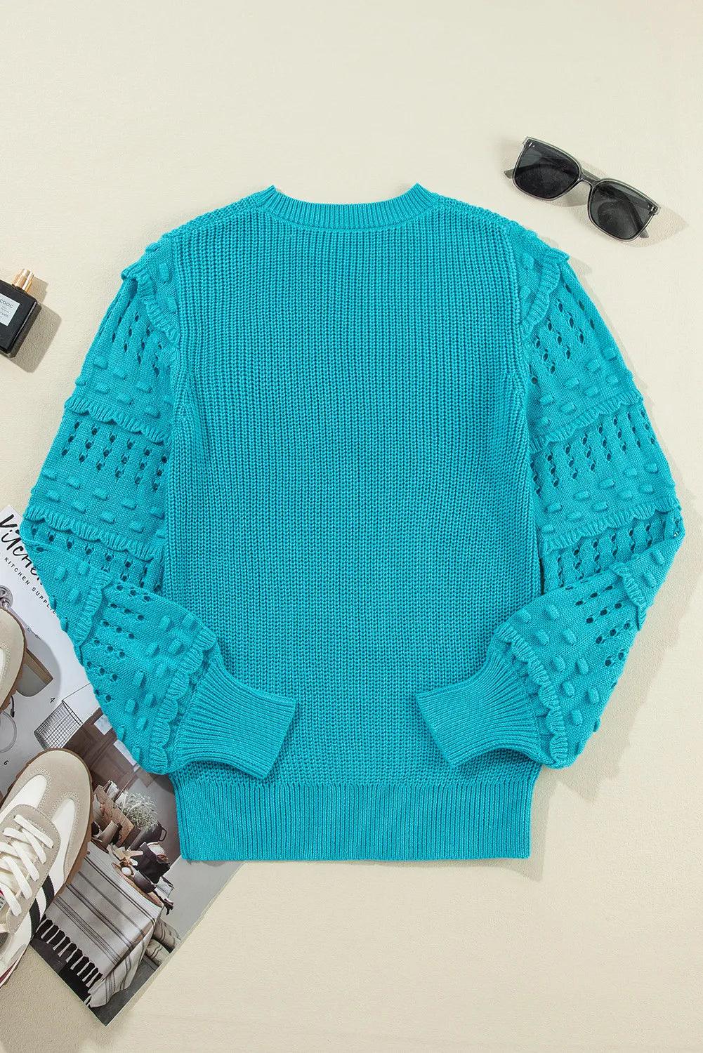 Openwork Frill Round Neck Long Sleeve Sweater Carauana Store