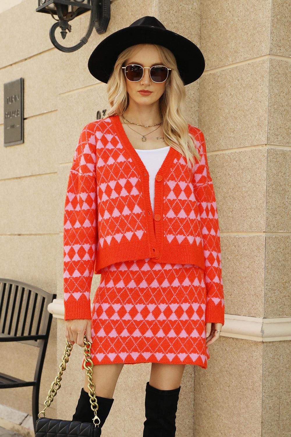 Geometric Button Front Cardigan and Skirt Set Carauana Store