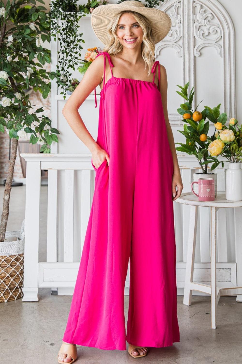 Veveret Pocketed Spaghetti Strap Wide Leg Jumpsuit Carauana Store
