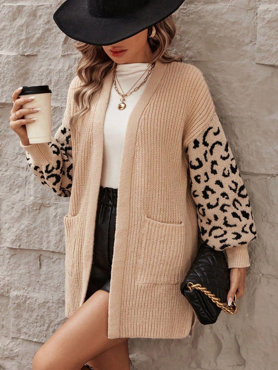 Pocketed Leopard Open Front Cardigan Carauana Store