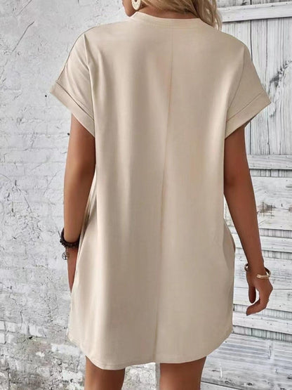 Pocketed Round Neck Short Sleeve Dress Carauana Store