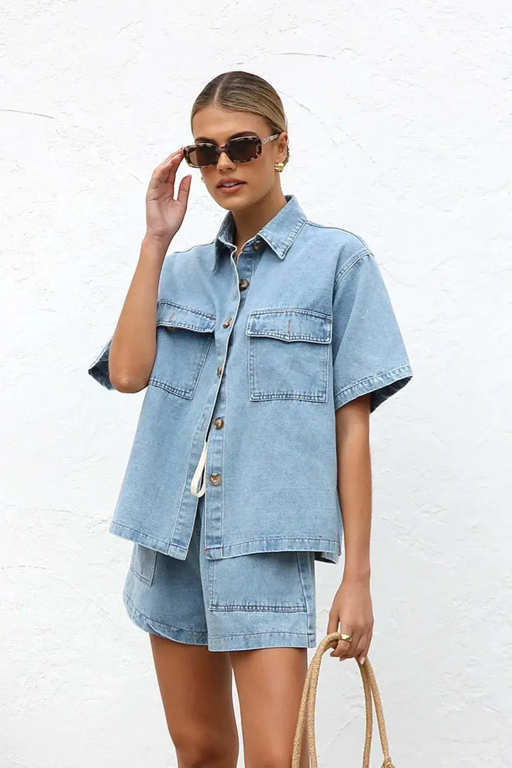 Collared Neck Button Up Top and Shorts Denim Set CaRaUaNa Fashion