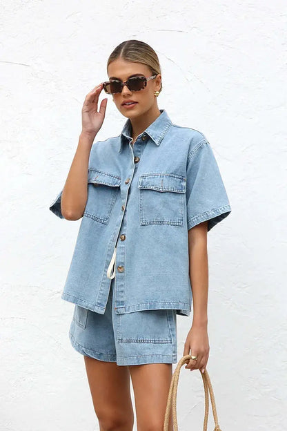Collared Neck Button Up Top and Shorts Denim Set CaRaUaNa Fashion