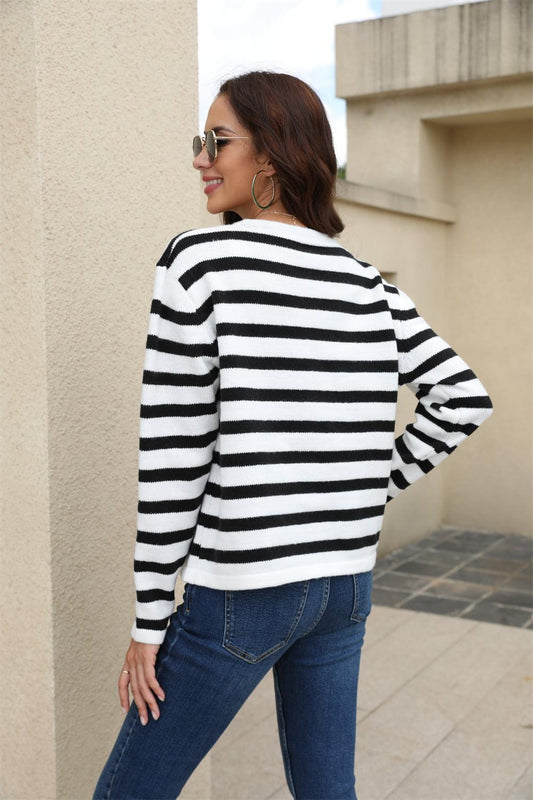 Angel Wings Striped Round Neck Button-Down Dropped Shoulder Cardigan Carauana Store