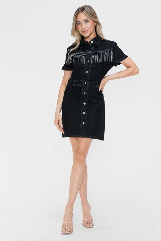 bytos Full Size Embellished Button Down Short Sleeve Denim Dress Carauana Store