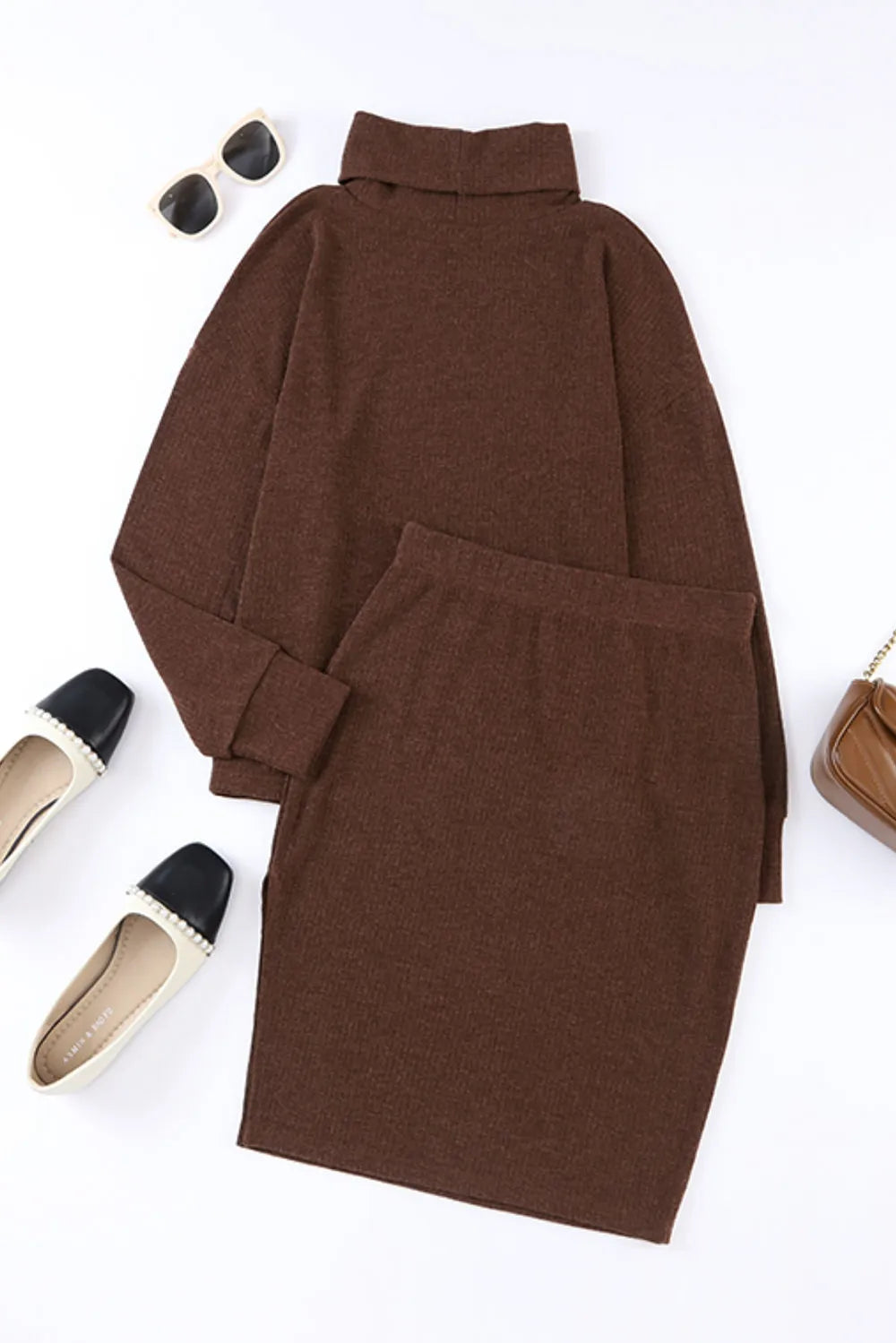 Mock Neck Long Sleeve Top and Slit Skirt Set Carauana Store