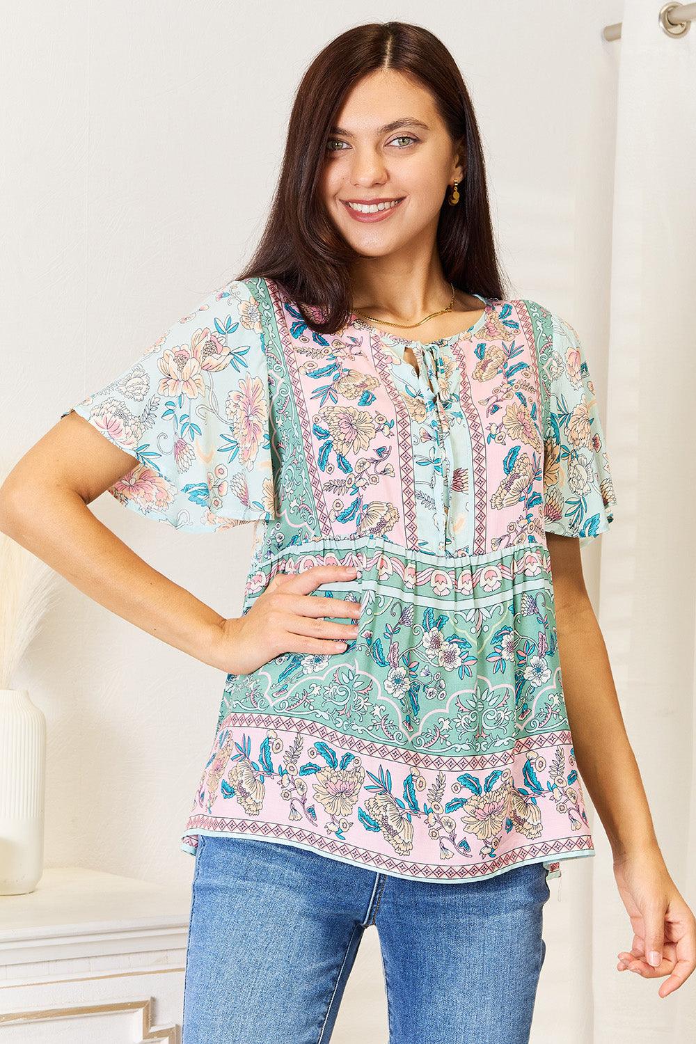 Perfee Floral Tie Neck Short Sleeve Blouse Carauana Store