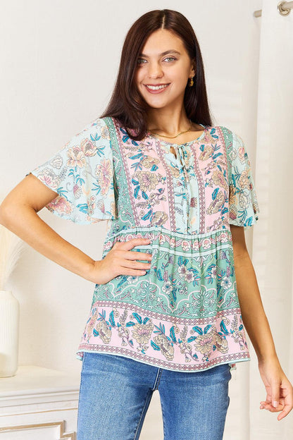 Perfee Floral Tie Neck Short Sleeve Blouse Carauana Store