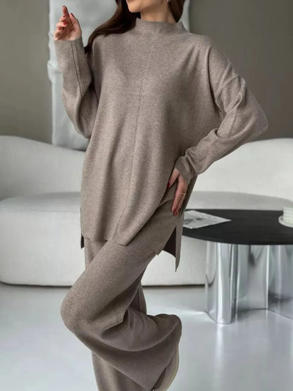 Slit Mock Neck Top and Pants Sweater Set Carauana Store