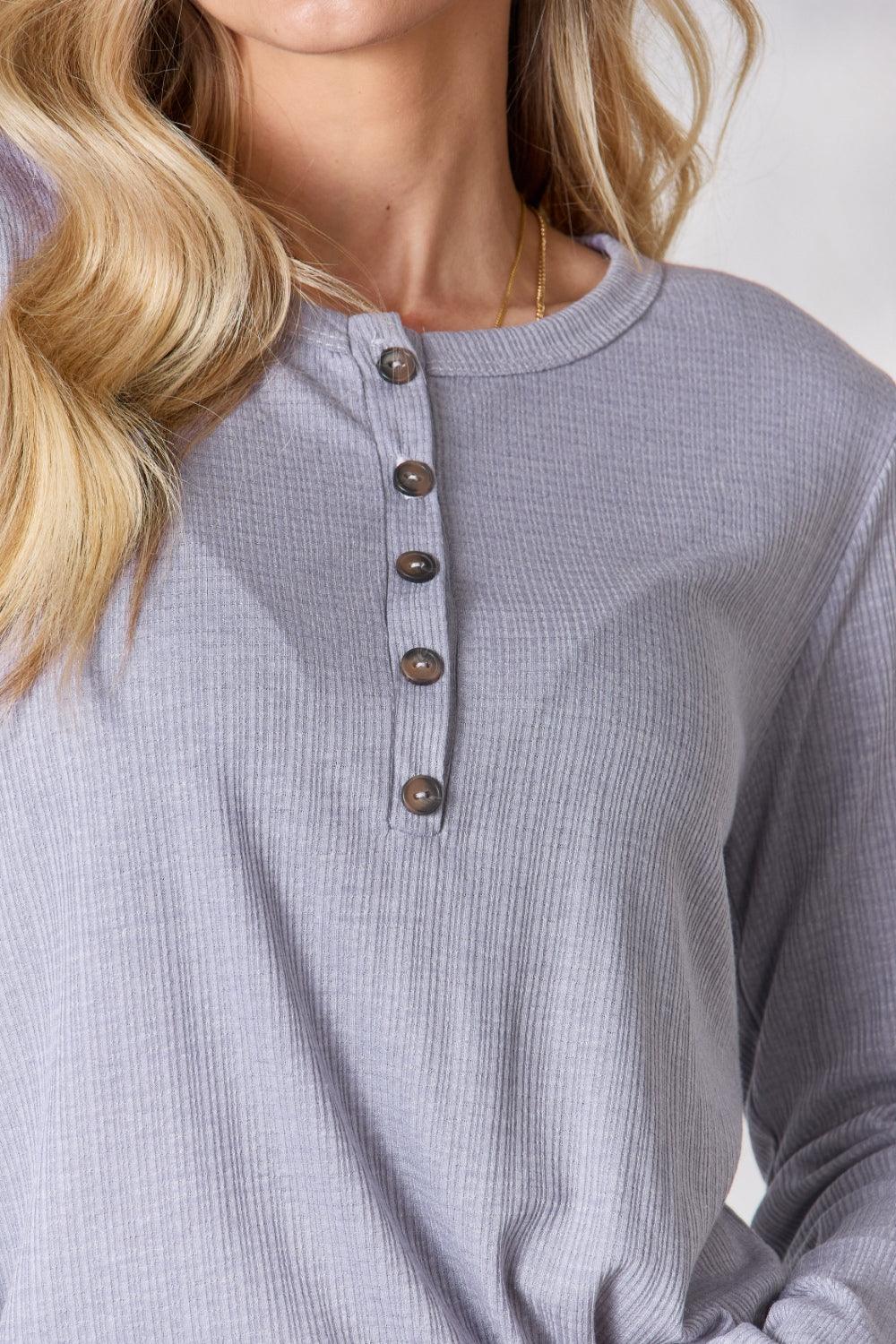 Heimish Full Size Texture Half Button Long Sleeve Top Carauana Store