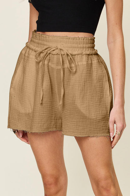 Double Take Full Size Texture Raw Trim Drawstring Shorts Carauana Store