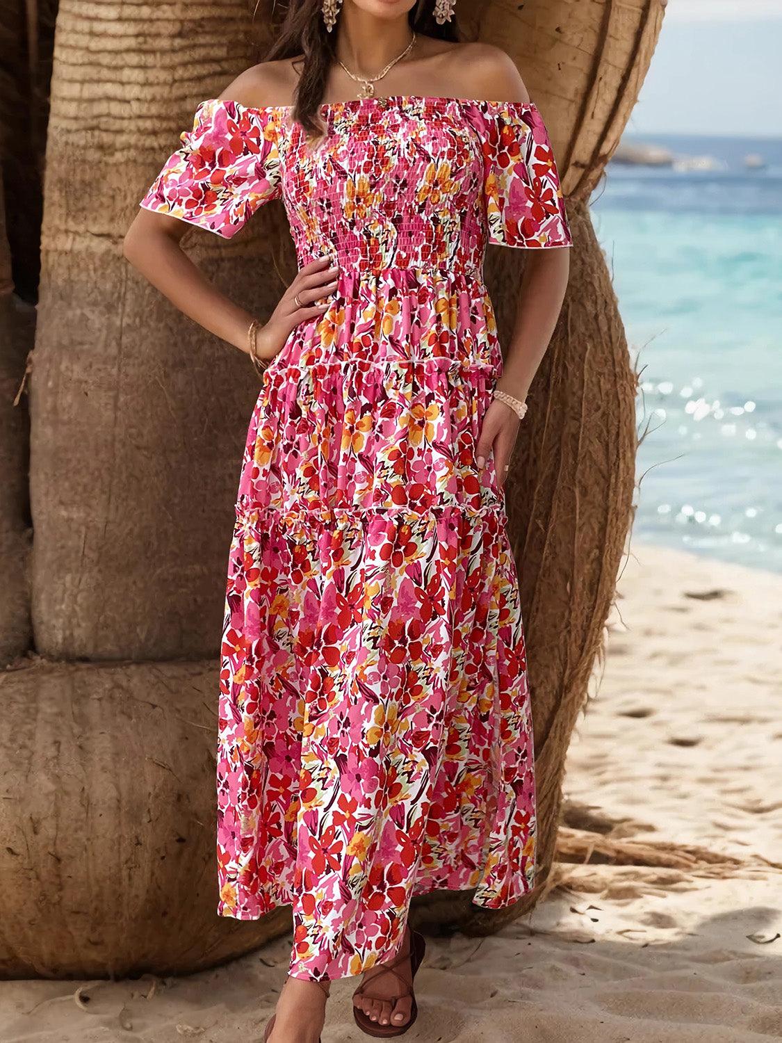 Slit Floral Off-Shoulder Short Sleeve Dress Carauana Store