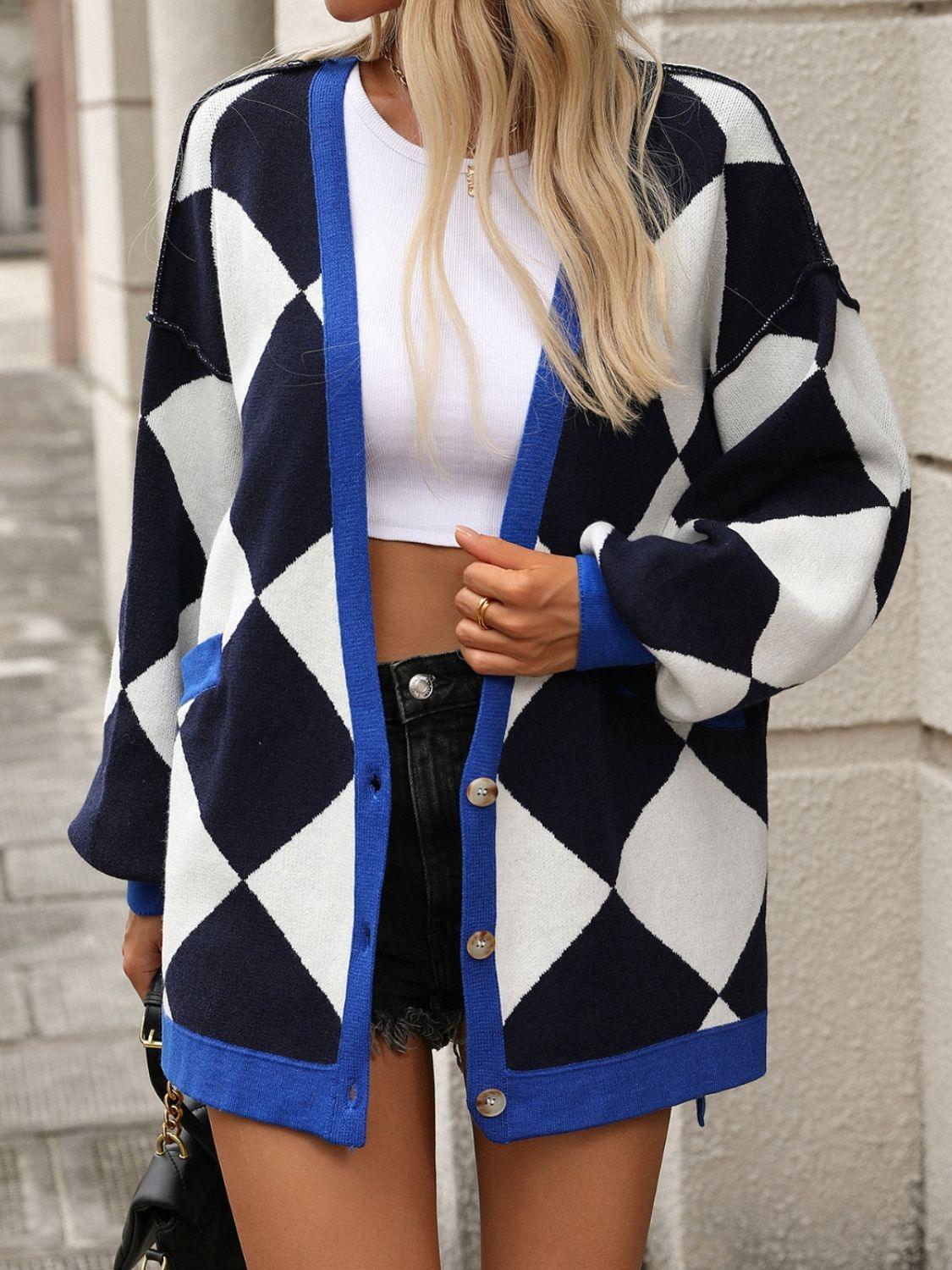 Checkered Dropped Shoulder Long Sleeve Cardigan CaRaUaNa Fashion