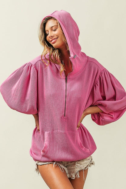 BiBi Waffle-Knit Half Zip Hooded Top Carauana Store