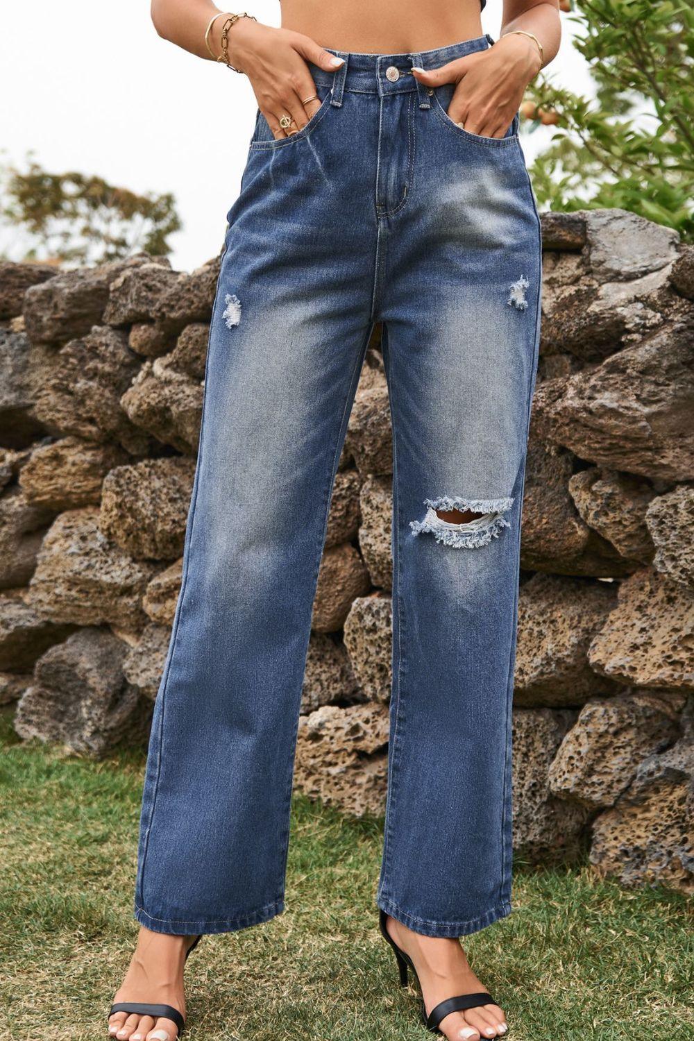 Distressed Buttoned Loose Fit Jeans Carauana Store