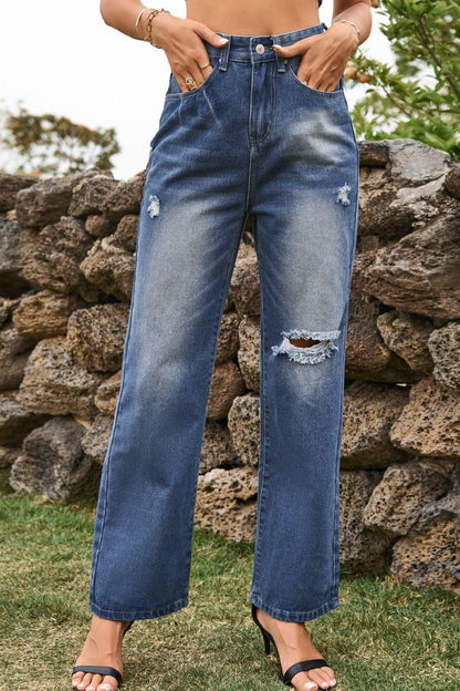 Distressed Buttoned Loose Fit Jeans Carauana Store