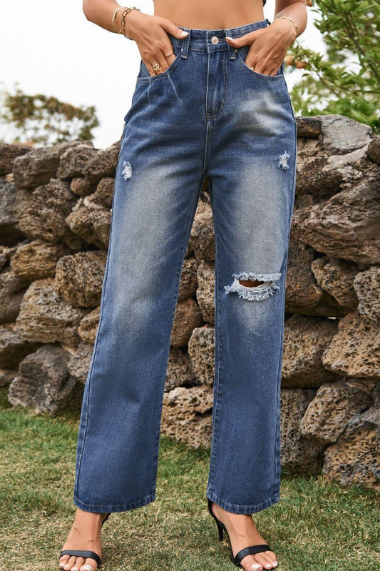 Distressed Buttoned Loose Fit Jeans Carauana Store