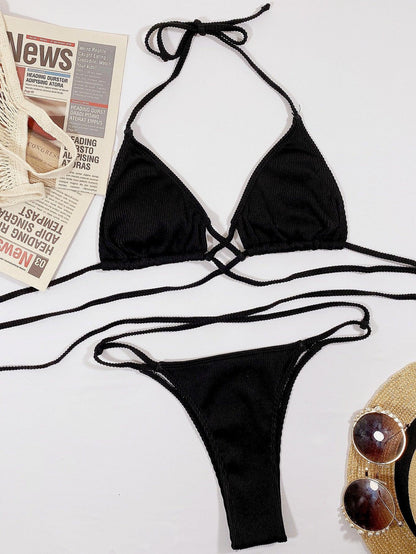 Halter Neck Crisscross Ribbed Bikini Set Carauana Store