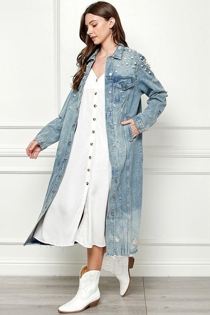 Veveret Full Size Distressed Raw Hem Pearl Detail Button Up Jacket Carauana Store