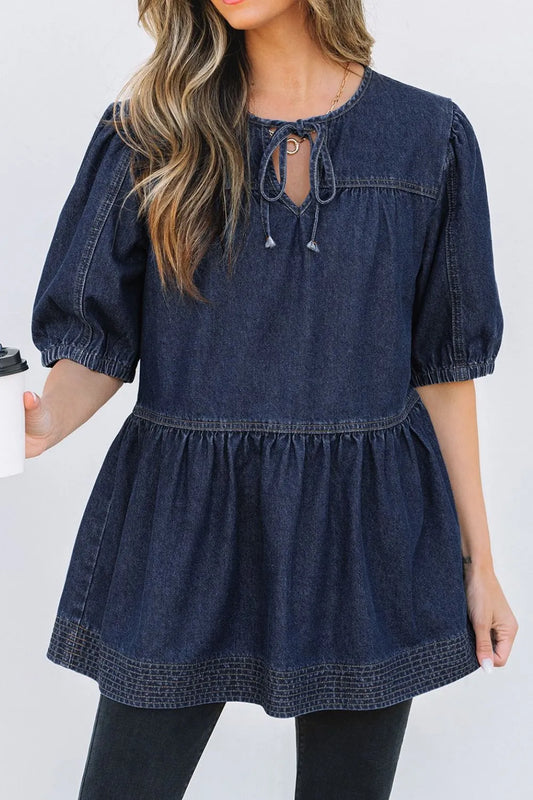Tie Neck Babydoll Denim Top Carauana Store