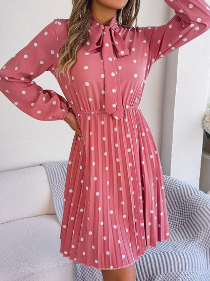 Polka Dot Tie Neck Pleated Dress Carauana Store