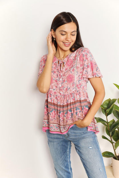 Perfee Bohemian Decorative Button Tie-Neck Peplum Blouse Carauana Store