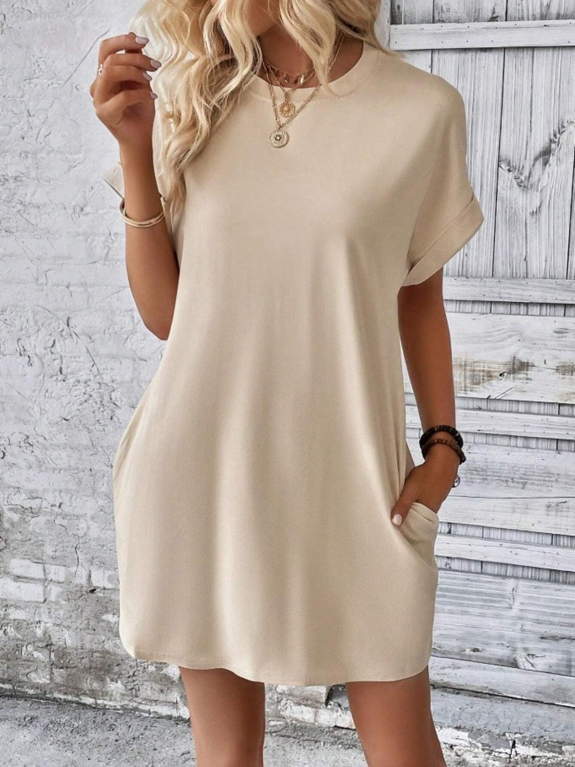 Pocketed Round Neck Short Sleeve Dress Carauana Store