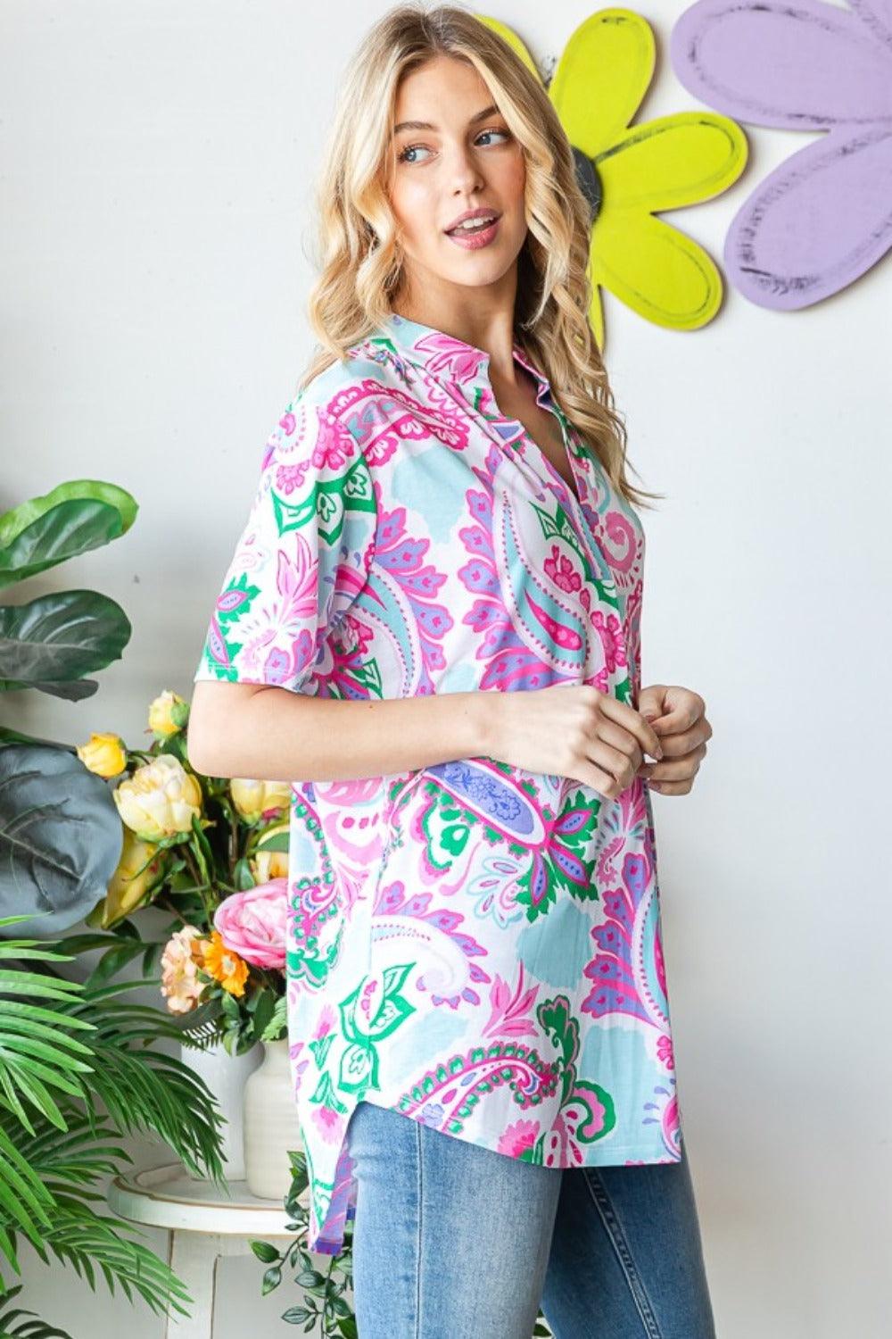 Heimish Full Size Paisley Print Short Sleeve Top Carauana Store