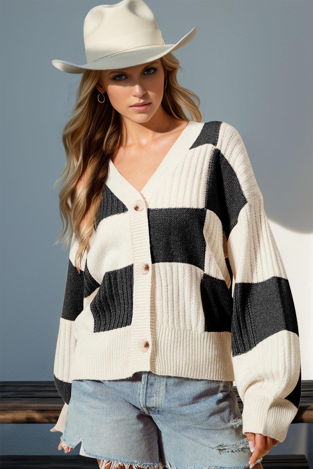Double Take Full Size Checkered Dropped Shoulder Cardigan Carauana Store