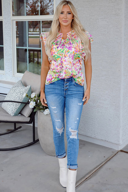 Purple Abstract Printed Ruffled Short Sleeve Notched Neck Blouse