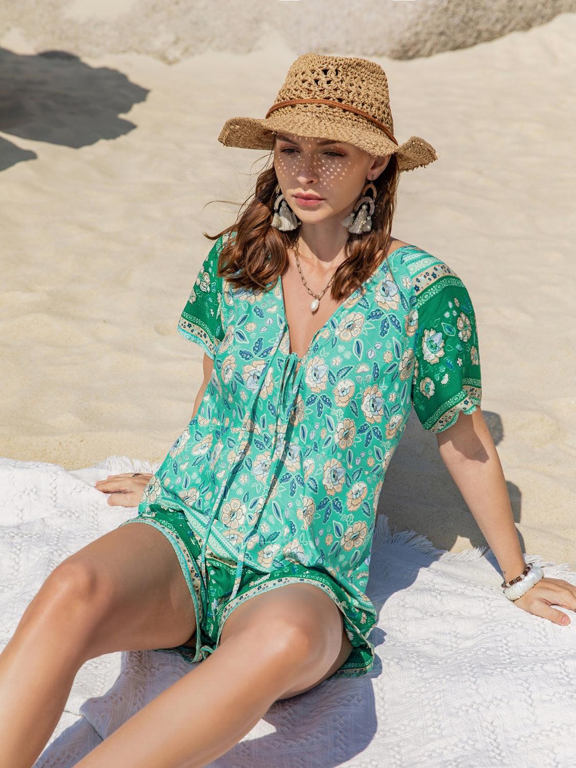 Tied Printed Short Sleeve Romper Carauana Store
