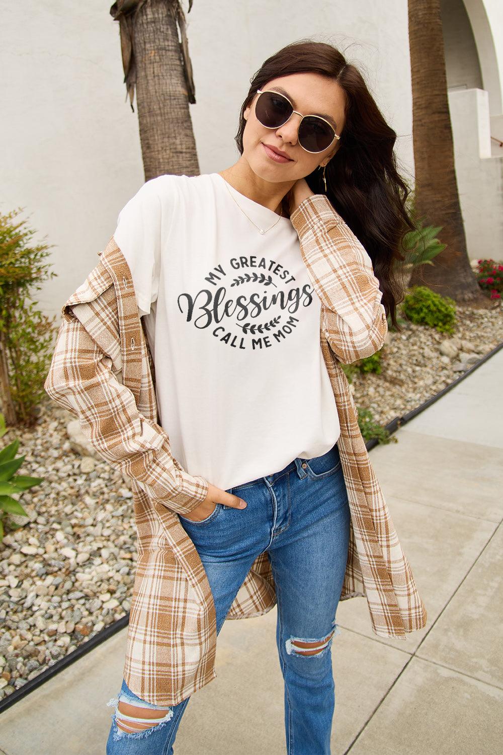 Simply Love Full Size MY GREATEST BLESSINGS CALL ME MOM Short Sleeve T-Shirt Carauana Store