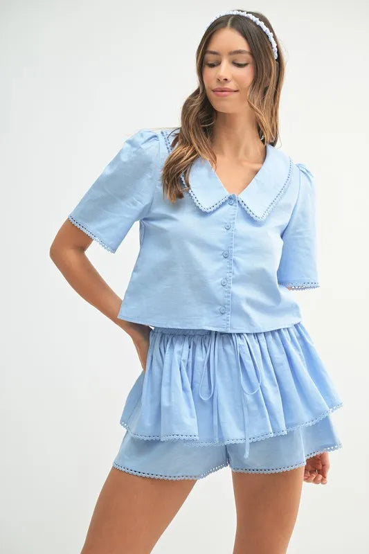 MABLE Collared Button Down Crop Top and Skort Set Carauana Store