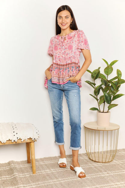 Perfee Bohemian Decorative Button Tie-Neck Peplum Blouse Carauana Store
