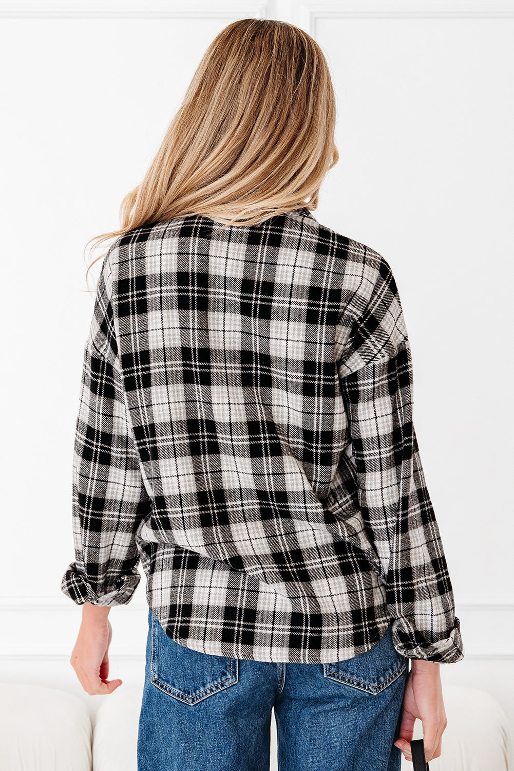 Black Plaid Print Chest Pockets Buttoned Shirt