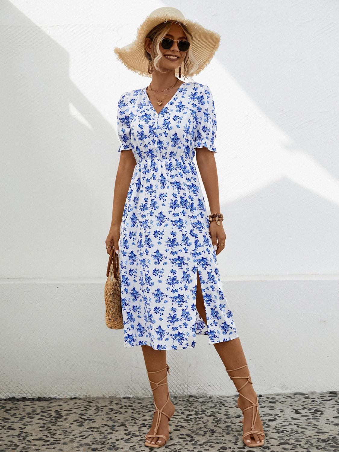 Slit Printed V-Neck Short Sleeve Dress Carauana Store