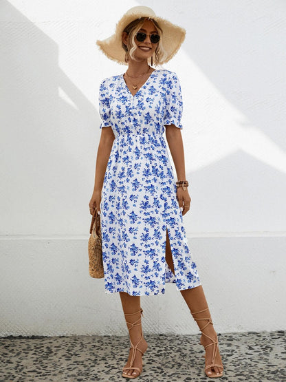 Slit Printed V-Neck Short Sleeve Dress Carauana Store