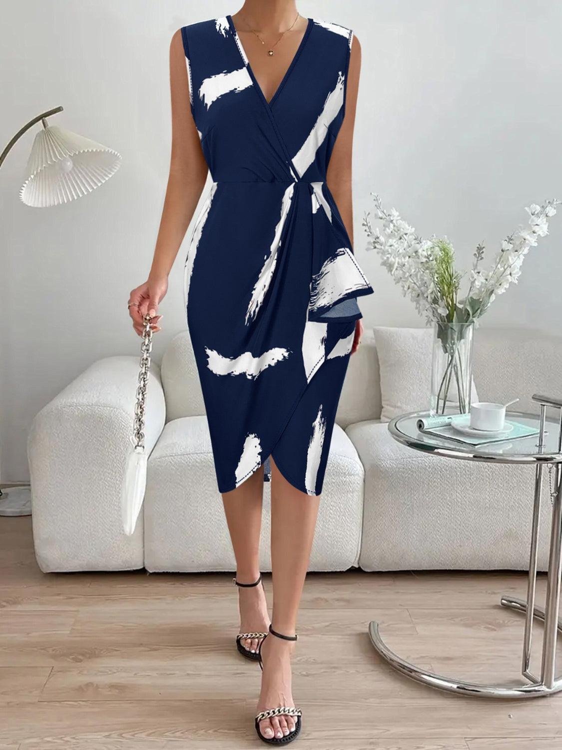 Printed Surplice Sleeveless Knee Length Dress Carauana Store