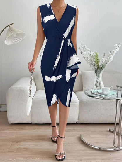 Printed Surplice Sleeveless Knee Length Dress Carauana Store