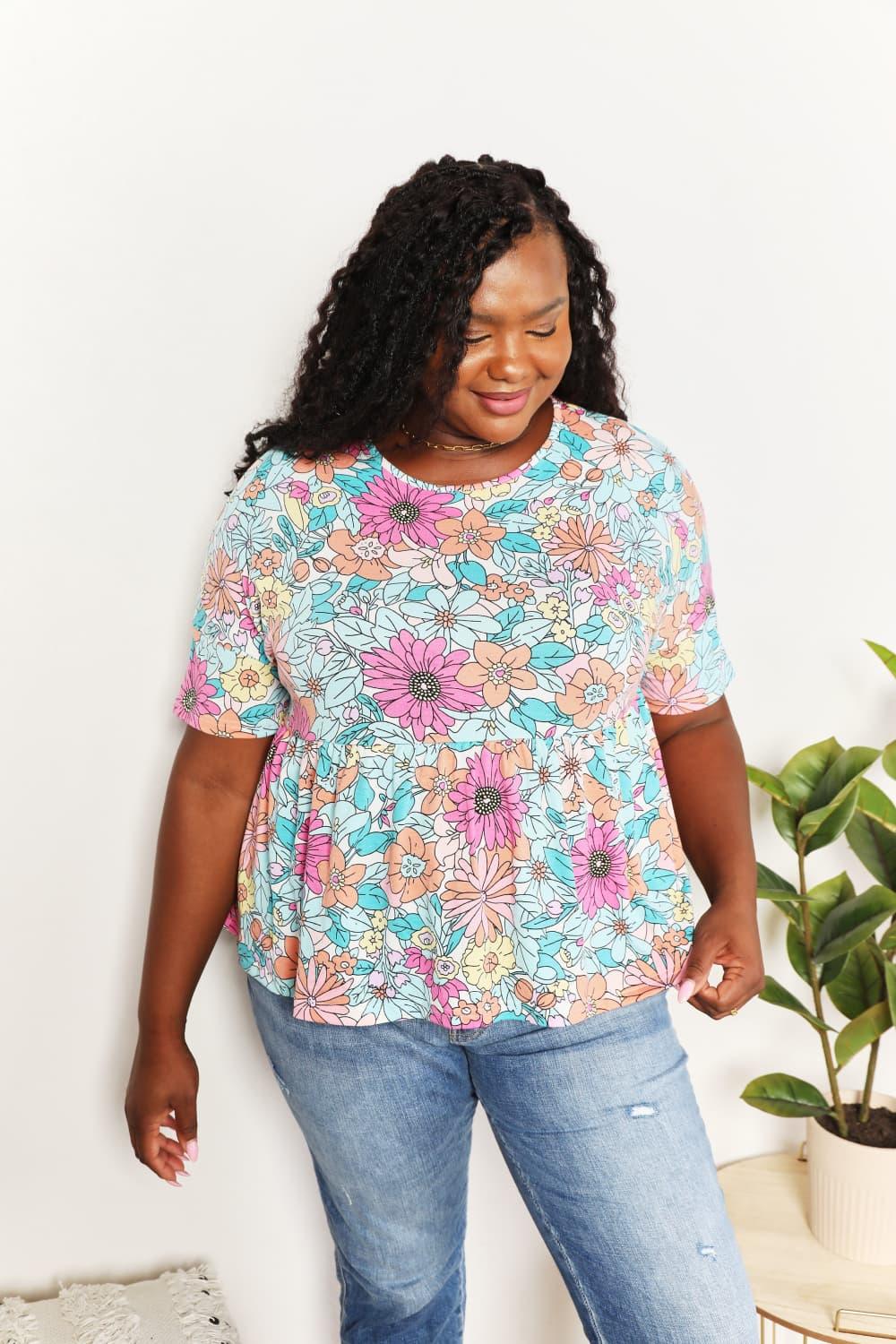 Double Take Floral Round Neck Babydoll Top Carauana Store